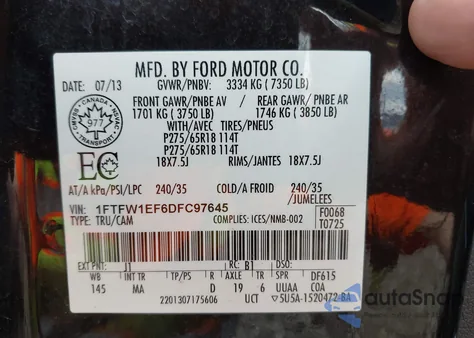 2013 Ford F-150 Xlt from USA, damaged, VIN 1FTFW1EF6DFC97645